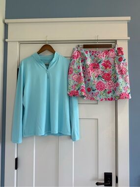 Gottex Activewear 2pc Golf Tennis Set Aqua Zip Pullover & Floral Skort XL